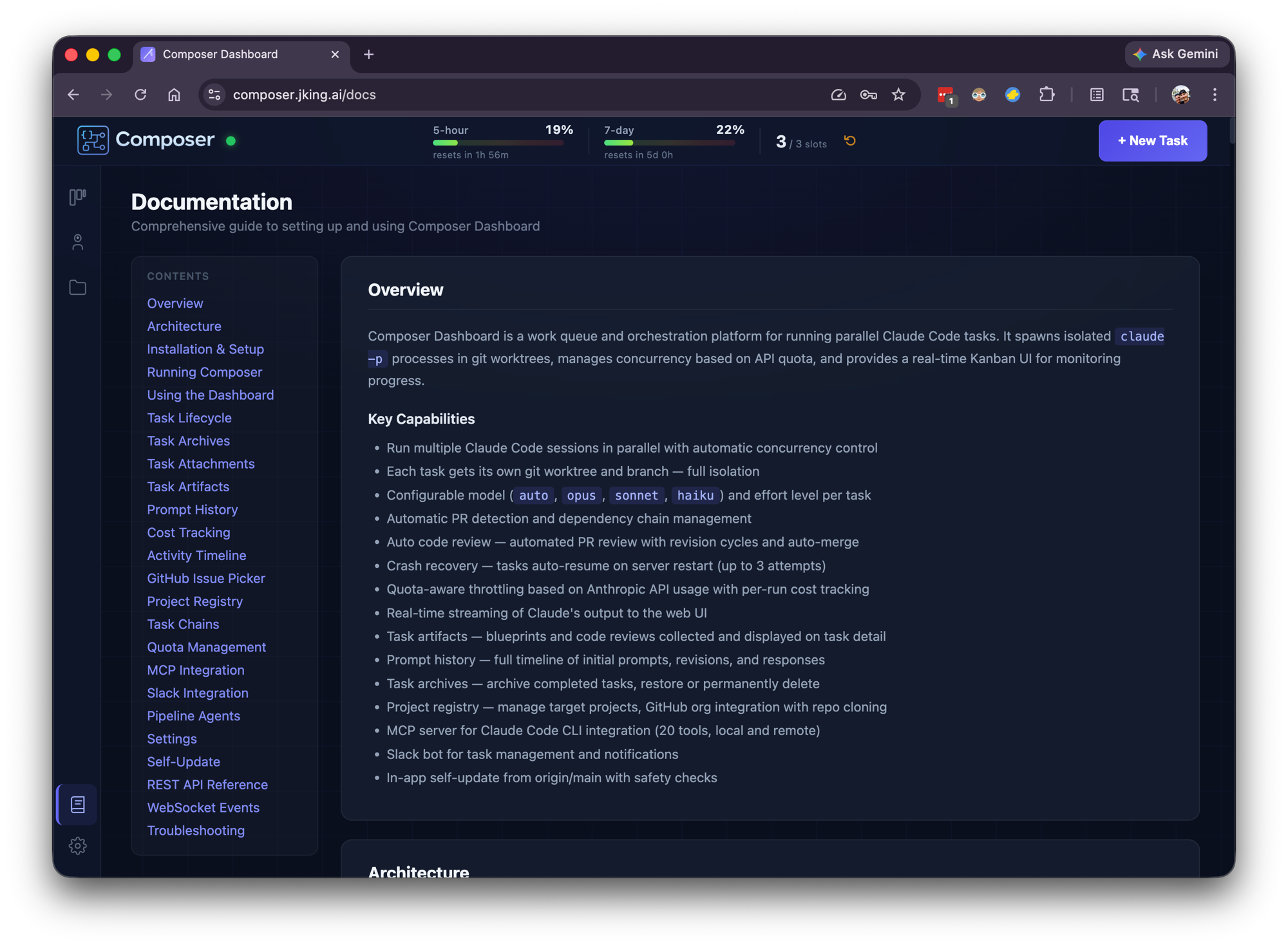 Built-in documentation — a comprehensive guide with table of contents covering every feature, from architecture to troubleshooting.