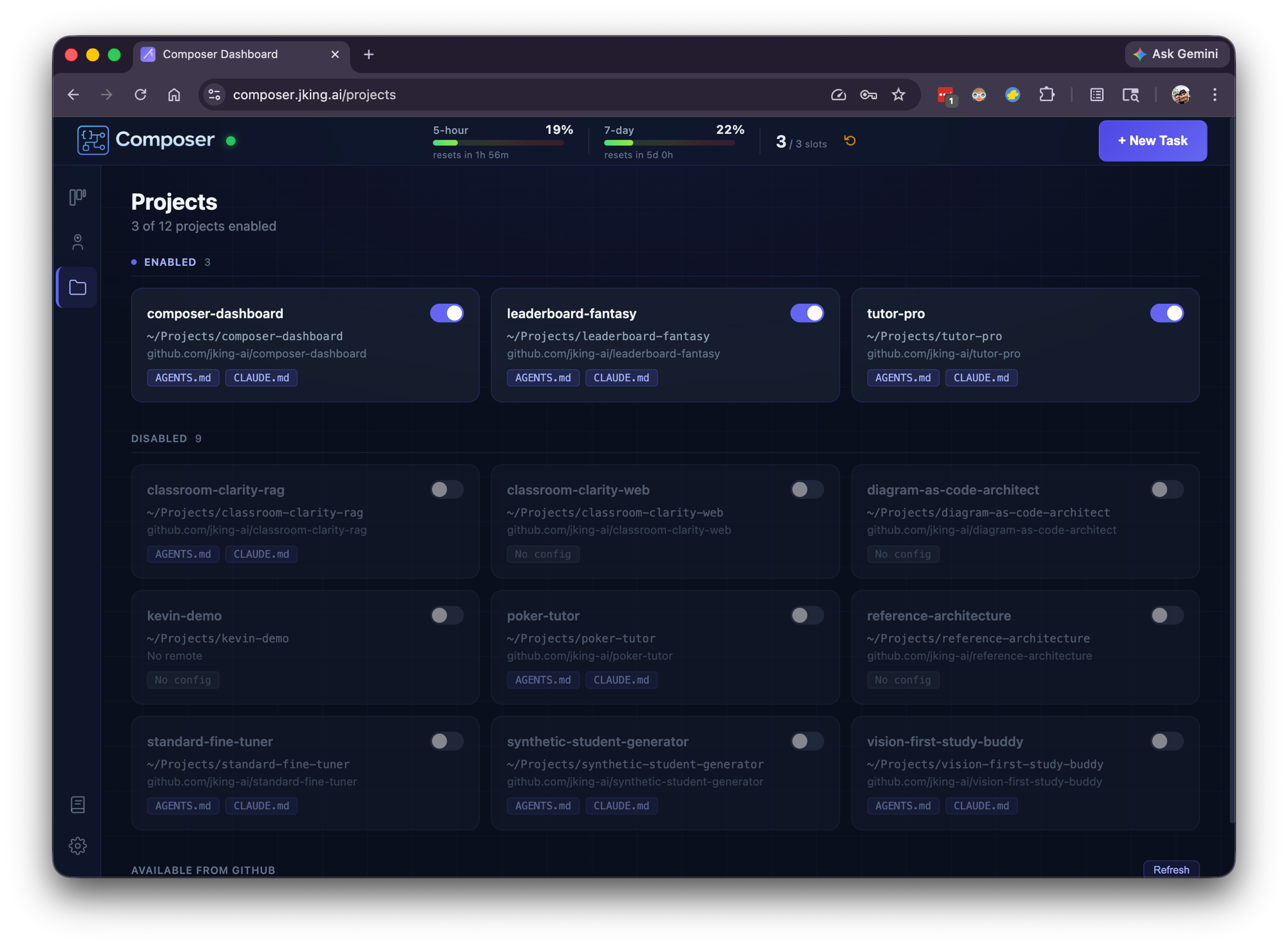 Projects page — enable or disable repositories for Composer to work on, with metadata showing AGENTS.md and CLAUDE.md configuration status.
