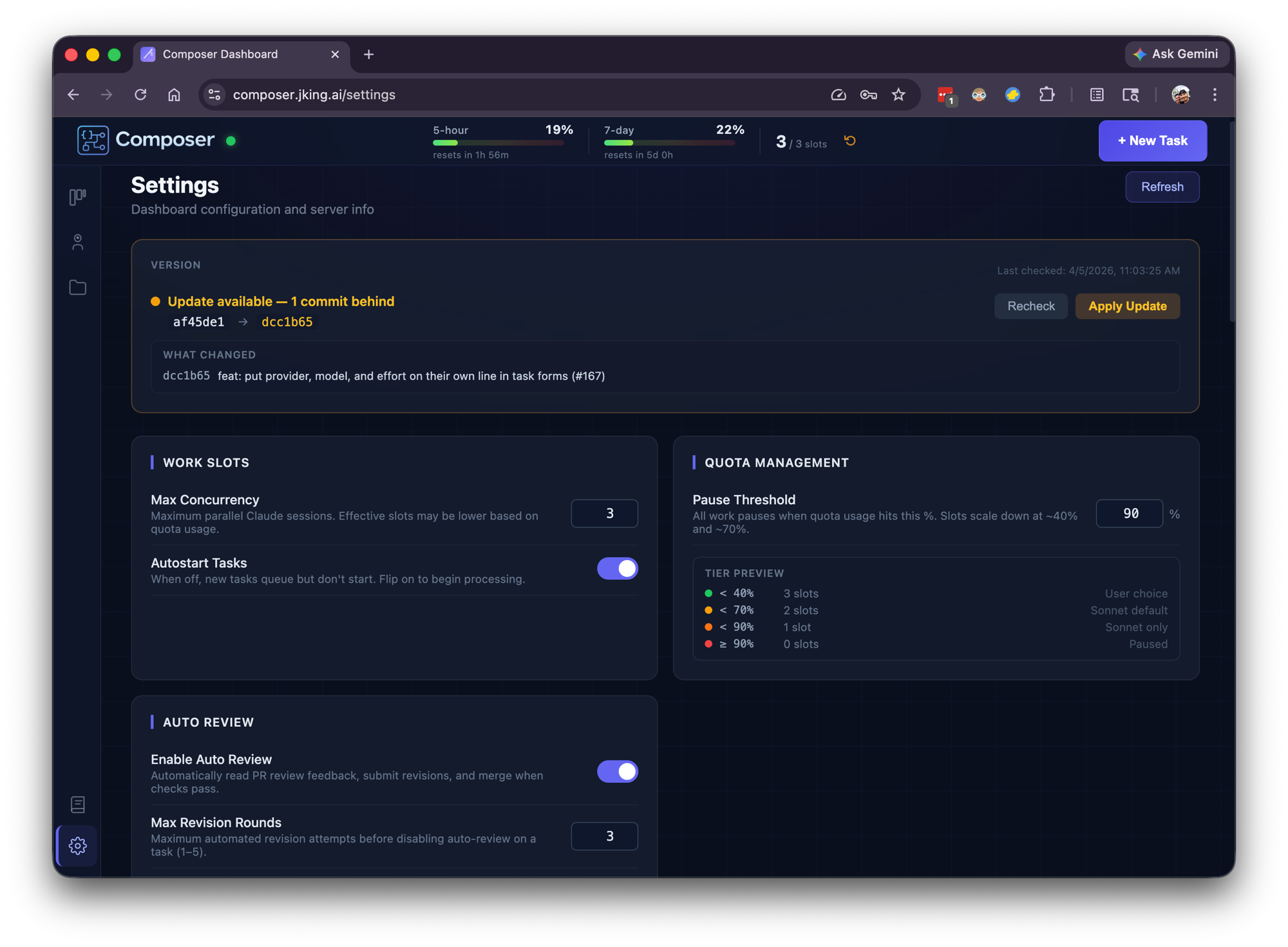 Settings page — configurable work slots, quota management thresholds with tiered throttling preview, and auto review controls.