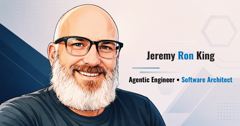 Illustrated business card: Jeremy Ron King — Agentic Engineer, Software Architect