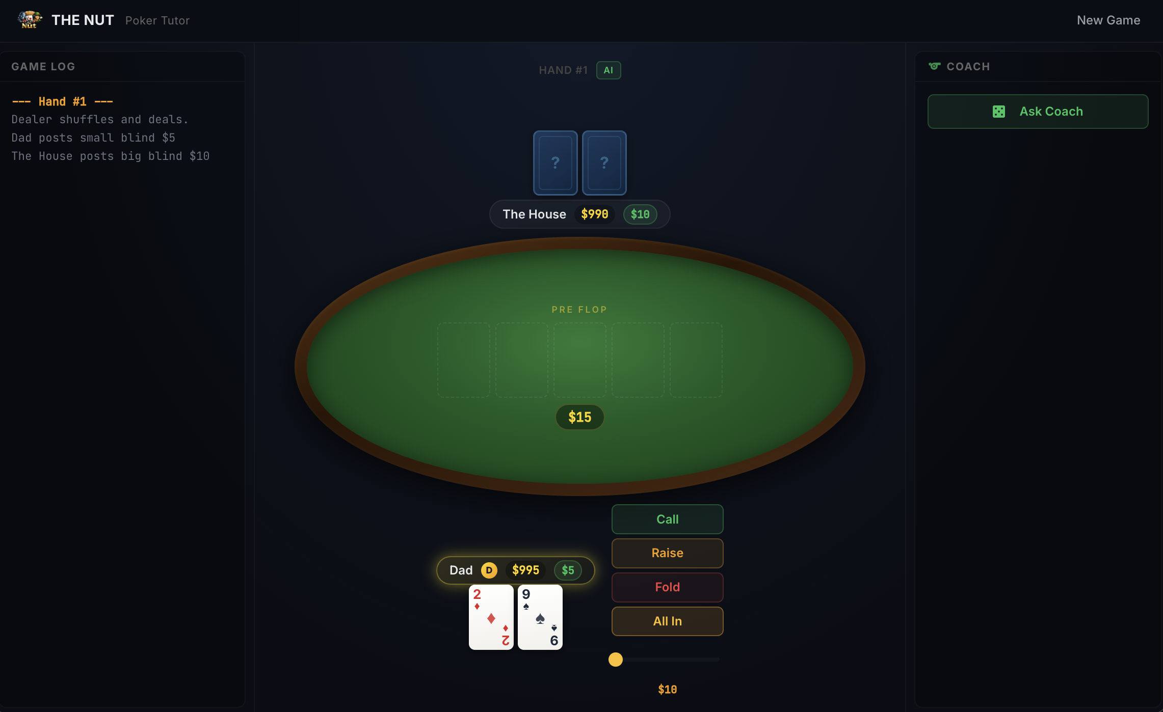 The gameplay table — three-column layout with game log, poker table, and coach panel.