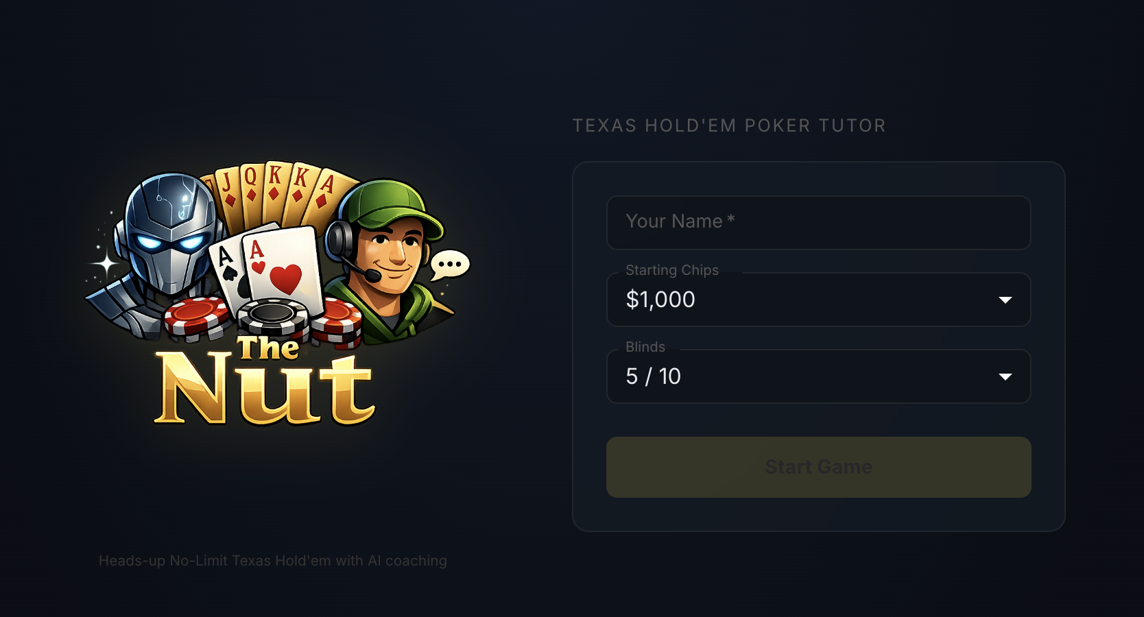 The Nut lobby screen — enter your name, set your stack, and sit down. And yes, that logo has a story.