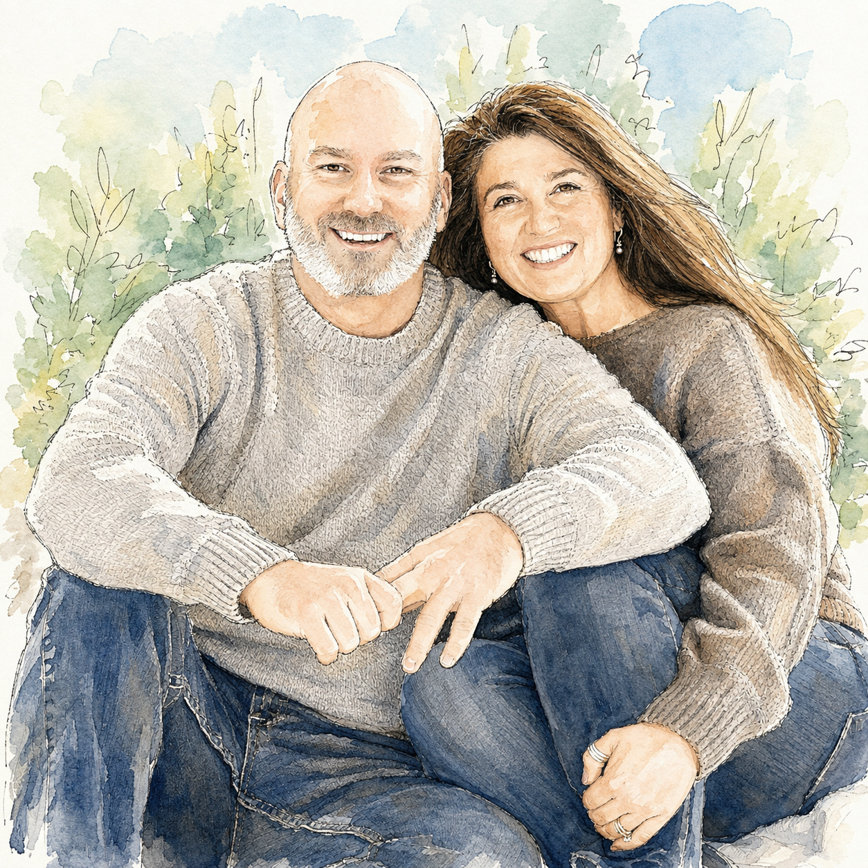 Watercolor portrait of Jeremy Ron King and his wife